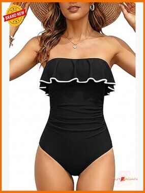 Strapless One Piece Swimsuit Tummy Control Ruffle Bandeau Bathing Suit